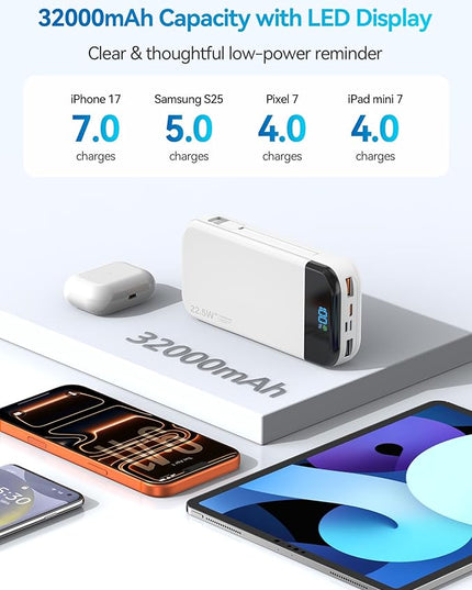 Portable Charger Power Bank 32000mAh with Built in Cables, PD3.0 USB C Fast Phone Charger, 5 Outputs LCD Display Travel Battery Pack Compatible with iPhone, Samsung All Cell Phones (White)