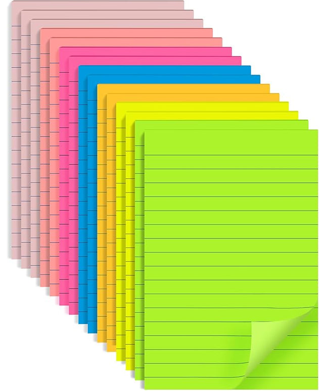 (15 Pads) Lined Sticky Notes 4x6 in Post, 7 Bright Colors with Lines Self-Stick Note Pad it, Strong Adhesive, Big Rectangular Sticky Pads for Office, Home, School, Meeting