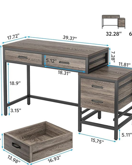 Tribesigns Computer Desk with 5 Drawers, Home Office Desks with Reversible Drawer Cabinet Printer Stand, Industrial PC Desk with Storage, Grey Study Writing Table Workstation for Small Spaces