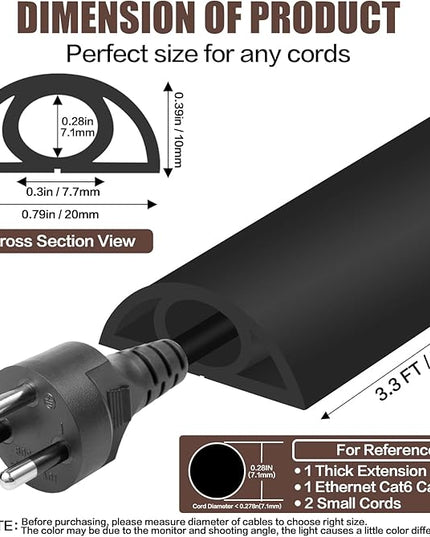 Floor Cord Cover Self Adhesive Cord Hider,3.3FT Cable Management, Extension Strip Protector for Wires, Prevent Cable Trips for Offices, Gyms, Exhibitions Cavity:0.3"(W) x 0.28"(H) Black