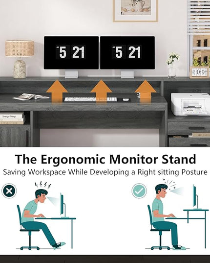 Executive Computer Desk with 3 Drawers & Storage Shelves, 65 Inch Home Office Desk with File Drawer & Cabinet, Writing Study Desks with Monitor Stand & Printer Shelf, Dark Grey