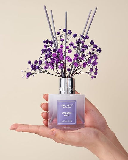 Airkeep Reed Diffuser Set,3.38 fl oz (100 ml) - Lavender Field Oil Diffusers with 8 Reed Sticks, Home Fragrance Reed Diffuser for Bathroom Shelf Decor