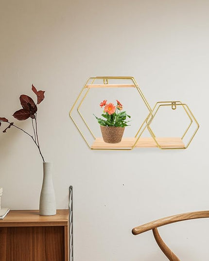 Hexagonal Wall Floating Shelf Metal and Wood Wall Shelves Gold Decorative Storage Rack for Bedroom Living Room Display and Home Organization