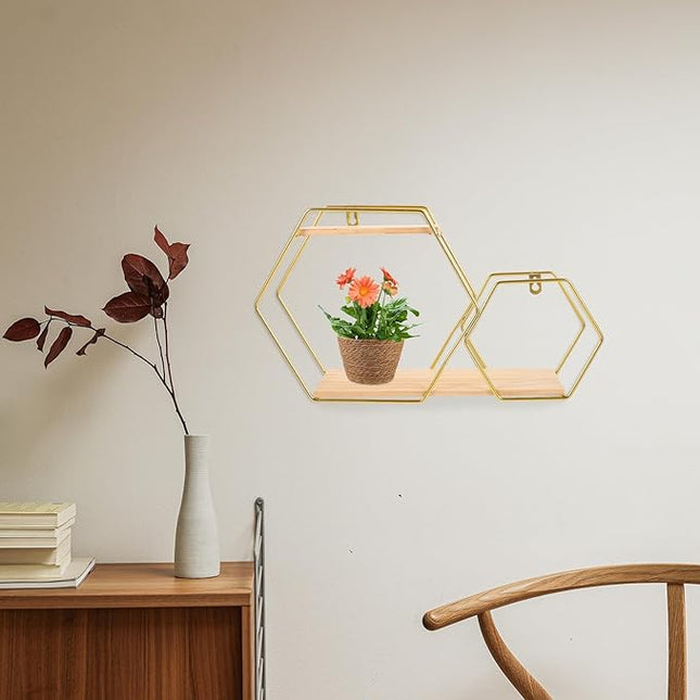 Hexagonal Wall Floating Shelf Metal and Wood Wall Shelves Gold Decorative Storage Rack for Bedroom Living Room Display and Home Organization