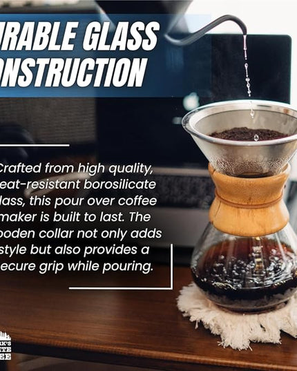 New York's Favorite Coffee - 6 Cup Pour Over Coffee Maker,Borosilicate Glass Carafe with Wooden Collar,Drip Coffee Brewer for Home & Office,Dishwasher Safe