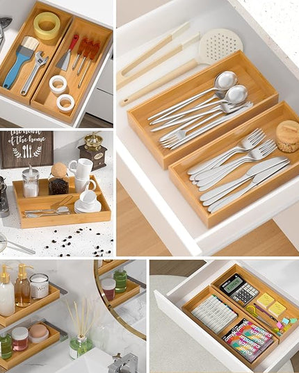 Bamboo Drawer Organizer, Stackable Utensil Organizer for Kitchen, Bamboo Storage Box Wood Silverware Tray for Drawer 15" x 6" x 2" Set of 2