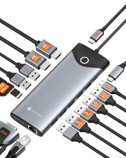 NOVOO USB C Docking Station Dual Monitor HDMI 4K 60Hz, 15-in-1 DisplayPort, VGA, 100W PD Charging, 10Gbps USB-C/USB-A, Ethernet, SD/TF, Audio – Compatible with MacBook, Dell, HP, Lenovo, Surface