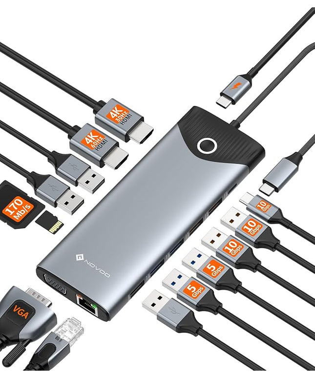 NOVOO USB C Docking Station Dual Monitor HDMI 4K 60Hz, 15-in-1 DisplayPort, VGA, 100W PD Charging, 10Gbps USB-C/USB-A, Ethernet, SD/TF, Audio – Compatible with MacBook, Dell, HP, Lenovo, Surface