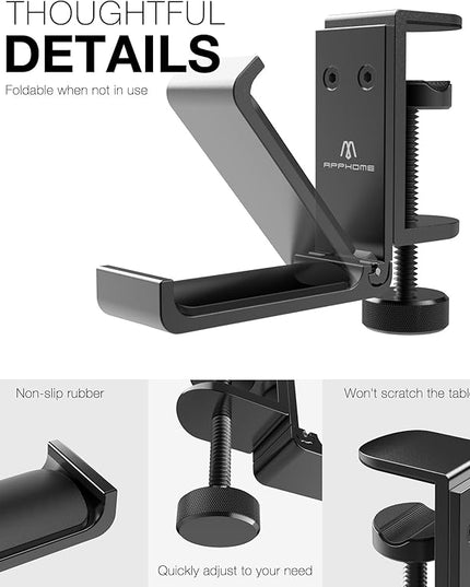 New Foldable Headphone Stand Hanger Holder Aluminum Headset Soundbar Stand Clamp Hook Under Desk Space Save Mount, Universal Fit Gaming Headphones, Black