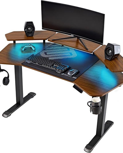 EUREKA ERGONOMIC Aero 55 Inch W Shaped Electric Standing Desk, Height Adjustable Computer Gaming Desk with LED Monitor Shelf, Mouse Pad, Headphone Hook, Cup Holder, Dark Walnut