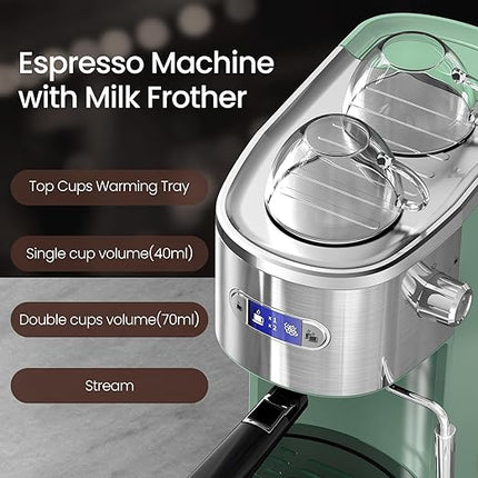 Espresso Machine 20 Bar, Professional Stainless Steel Coffee Maker with LCD Display, Steam Wand, 45oz Removable Water Tank, for Espresso, Cappuccino, Latte at Home or Office, Green