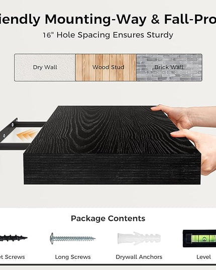 12 Inch Deep Black Floating Shelves, 16 x 12 Floating Shelf for Books, Rustic Wood Deep Wall Shelves for Home Storage & Display, 2" Thicked Shelves for Kitchen, Living Room, Bedroom, 2 Pack
