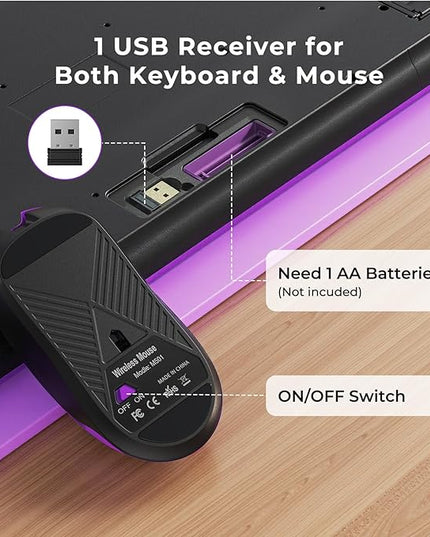 Wireless Keyboard and Mouse Set with Quiet Keys, 2.4G Full Size Purple Keyboard and Mouse with Wrist Rest, Protective Covers, Soft Touch Silent Design for Windows, Computer, PC and Laptop
