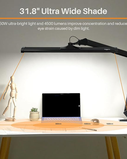LED Architect Desk Lamp, 4500 Lumens, Dimmable, Metal Swing Arm, 5 Color Temperatures, 50W, Ideal for Task Work, Drafting, Reading, Clamp-on Office Table Lamp with 684 Bright LEDs (Black, CCT)
