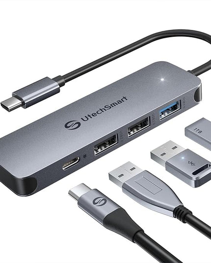 UtechSmart USB Hub, 4-Port USB 3.0 Hub, Ultra-Slim USB Adapter for Laptop, 5Gbps Fast Data Transfer, USB 3.0 Splitter for Dell, HP, MacBook (Grey)