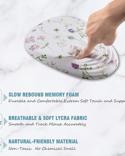 Floral Ergonomic Mouse Pad Wrist Support, Pretty Flowers Mouse Pad with Wrist Rest, Foam Massage Design & Non-Slip PU Base MousePads for Pain Relief, Desk, Office, Home