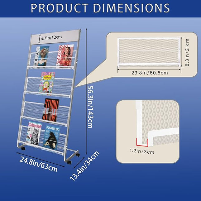 Yinghao Floor-Standing Magazine Rack, 4-Layer Iron Newspaper Rack, Suitable for the Display of Brochures or Documents in Exhibitions, Shopping Malls, Hospitals, Offices