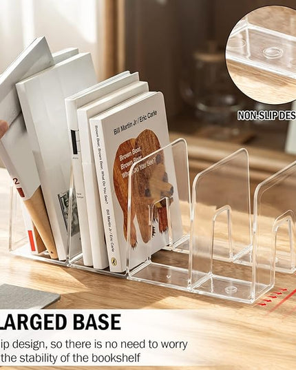 Clear Desktop Book Organizer, Creative Book Stand, Divider Bookshelf for Home School and Office, Non-Acrylic Stand Bookshelves (4 Sections), Transparent, Pack of 2