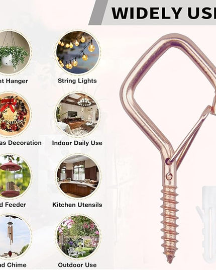 Sexoeie 100 PCS Rose Gold Eye Screw Hooks for Hanging Heavy Duty with Safety Buckle.Metal Ceiling Hooks for Hanging Plants Cup Wind Chime Bird Feeders Patio Lights at Indoor&Outdoor