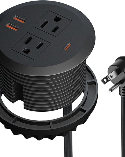 3 Inch Desktop Power Grommet,65W GaN USB C Fast Charging Station,3-USB Port,Flush Mounted for 3-1/8" Holes,Flat Plug.Round Recessed Desk Grommet Outlet for Workspace,Laptops,6.3ft,Black