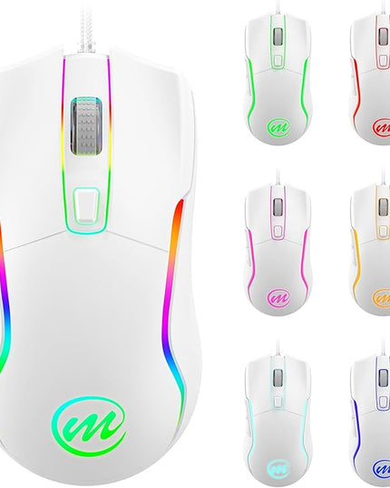 memzuoix Wired Gaming Mouse with RGB - 6 Adjustable DPI up to 12800, 6 Buttons, 12 Lighting Modes, Ergonomic Design with Anti-Slip Rubber Wheel, 5.6ft Braided Cable for PC/Mac/Windows - White