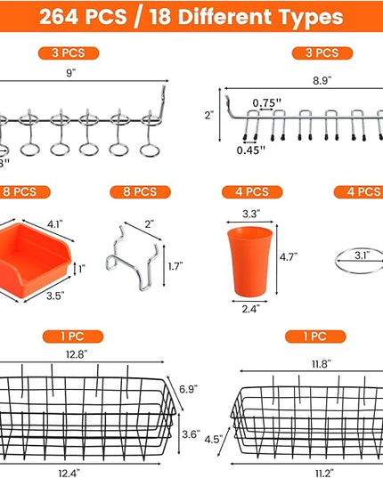 Pegboard Organizer Accessories Kit 264 PCS, Peg Board Hooks Assortment with Bins, Cups, Baskets for 1/4in Pegboard Wall Organizer, Garage Organization, Workbench, Craft Room, Hanging Tools