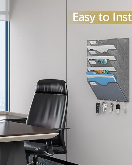 EasyPAG Hanging Wall File Organizer with Key Hooks, 5 Pocket Wall Mounted Mail Organizer, Vertical Folder Holder with Nametag Label, Paper Storage Magazine Rack for Office Home School, Silver