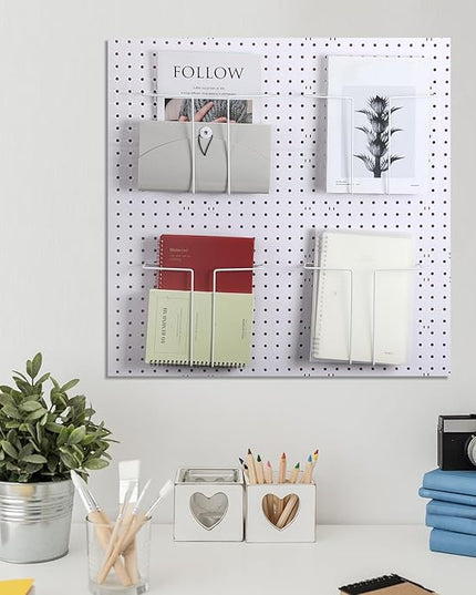 4 Pair Pegboard Display Shelves Expandable Width Metal Magazine Holder Hanging Wall File Organizer Pegboard Accessories Wall Decor for Pantry Exhibitions Trade Show Retail Store(White)