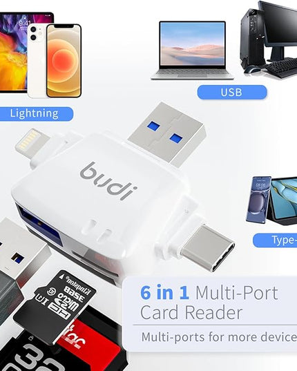 SD Card Reader for iPhone, 6-in-1 Micro SD TF Memory Card Reader Trail Camera Viewerport Adapter,Compatible with ipad/Android/Mac/Computer/Camera(White)