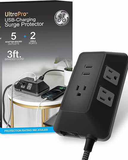 GE UltraPro Adapt 5-Outlet Surge Protector with USB Ports, 2 USB-A Ports, 2.4A, 3ft Braided Cord Power Strip Surge Protector, 560 Joules, Black, 73777