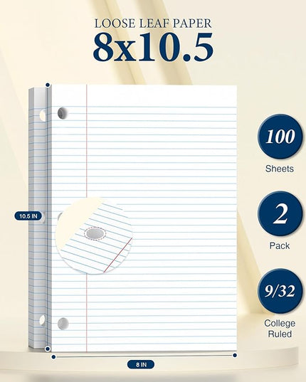 PINJINGPRO Loose Leaf Paper, Notebook Paper, 8 x 10.5 College Ruled Paper, 3 Hole Punch Binder Paper, Lined Paper for 3 Ring Binders, College Ruled Paper, 100 Sheets/Pack Filler Paper (2 Pack)