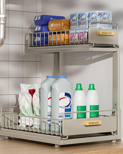 Under Sink Organizer, High Adjustable 2 Tier Under Kitchen Sink Organizer, Multi-Purpose Storage Shelf for Kitchen Bathroom Cabinet, Gray