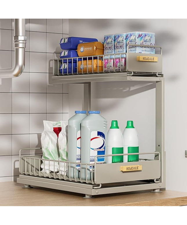 Under Sink Organizer, High Adjustable 2 Tier Under Kitchen Sink Organizer, Multi-Purpose Storage Shelf for Kitchen Bathroom Cabinet, Gray