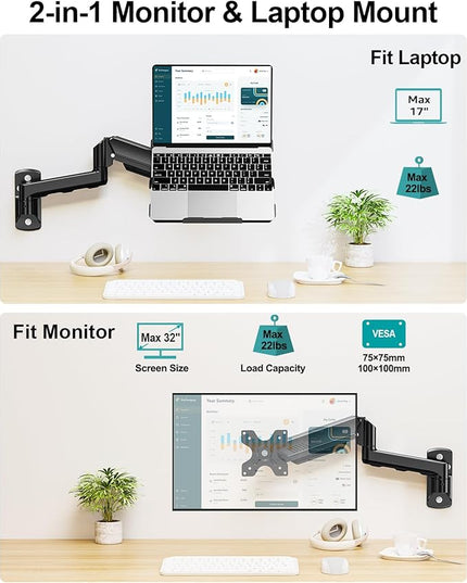 MOUNT PRO Laptop Wall Mount, 2-in-1 Monitor Wall Mount with Vented Tray for 11-17" Notebook/13-32 Computer Screen, Full Motion Adjustable Laptop Holder Stand, Gas Spring Laptop Arm Holds 4.4-22 lbs