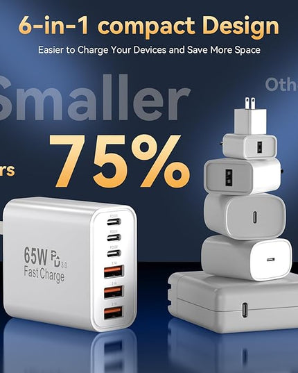 USB C Charger Block Fast Charging, iPhone Charger Blocks 65W Multi Port Charger 6-Ports PD & QC Charging Cube Brick Power Adapter Type C Wall Chargers for iPhone 17/16/15/14/13/12 Pro Max, iPad