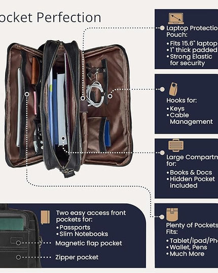 Luxorro Full Grain Leather Briefcase for Men, Top Choice Gifts for Men, Handcrafted Leather Laptop Bag with Multiple Compartments and Brass Hardware, Fits 15.6 Inch Laptop