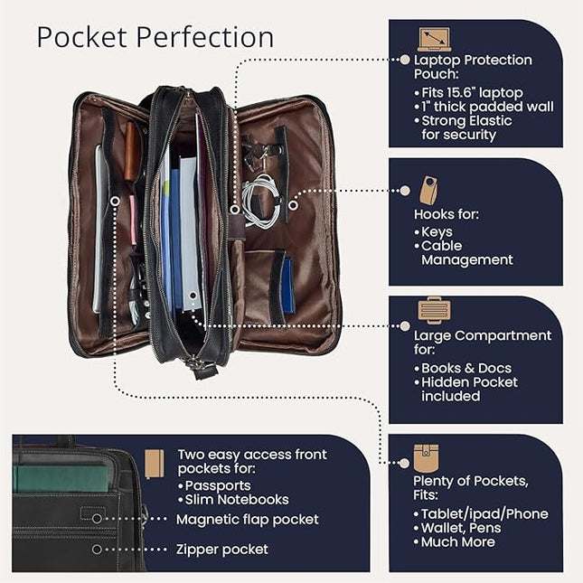 Luxorro Full Grain Leather Briefcase for Men, Top Choice Gifts for Men, Handcrafted Leather Laptop Bag with Multiple Compartments and Brass Hardware, Fits 15.6 Inch Laptop