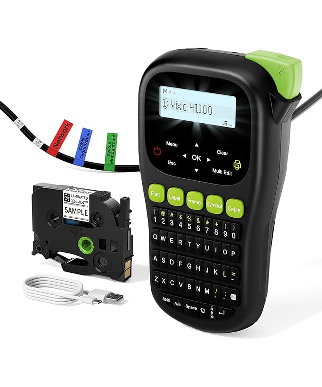 Vixic Label Maker Machine, H1100 Label Makers with Backlit Screen, Portable Label Maker Waterproof-Labels Handheld Labeler with Keyboard, Industrial Labeling Machine for Cable Wire Network