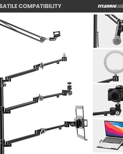 TARION Overhead Camera Desk Mount: 4-in-1 Heavy Duty Mount Set with 1 Mic Boom Stand + 3 Articulating Arms for DSLR Cameras Ring Light Monitor Laptop - Live Stream Stand TitanRig Desk