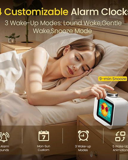 AIRIVO Alarm Clock, Colorful LCD Display with 8 Visual Themes, 4 Digital Alarms with 30 White Noise for Bedrooms, 112dB Loud Alarm Clock with Hourly Chime for Heavy Sleepers, Gift for Kids Teens