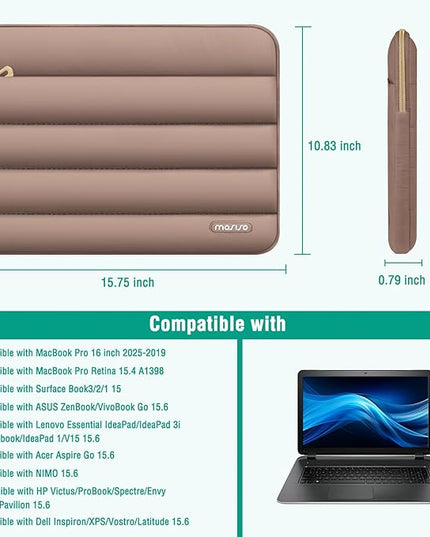MOSISO 15-15.6 inch Laptop Case, 16 inch Puffy Laptop Sleeve Compatible with MacBook Pro 16, HP Dell ASUS Acer Toshiba Lenovo Notebook Computer, Polyester Horizontal Bag with Small Case, Brown