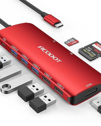 Acodot 9-in-1 USB C Hub Multiport Adapter - 4K@60HZ HDMI, 3 USB 3.0 Ports, SD/TF Card Reader, 100W PD for MacBook Pro Air HP XPS - Red