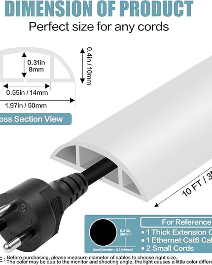 Floor Cord Cover Self Adhesive Cord Hider,10FT Cable Management, Extension Strip Protector for Wires, Prevent Cable Trips for Offices, Gyms, Exhibitions Cavity:0.47"(W) x 0.35"(H) White