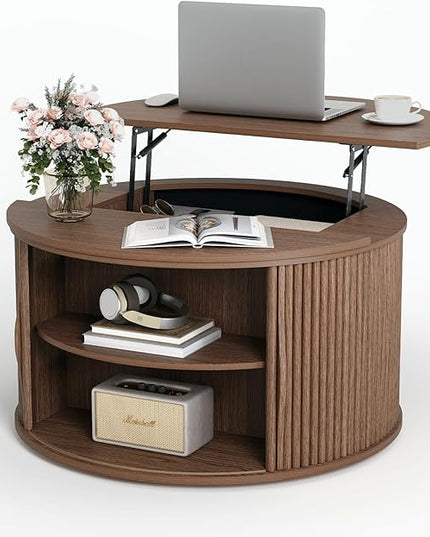 JOINICE 31.5" Round Lift Top Coffee Table, Mid Century Modern Walnut Center Table with Hidden Storage, Fluted Drum Wood Design for Small Living Room & Apartment