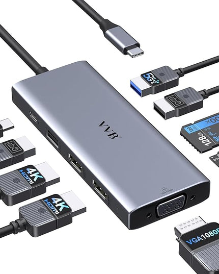 USB C Docking Station Dual Monitor HDMI Adapter for Dell HP Lenovo,Laptop Docking Station 3 Monitors USB C Hub Multiple Adapter Dongle with 2 HDMI 4K+VGA+100W PD Charger+3 USB Port+SD/TF Card Reader