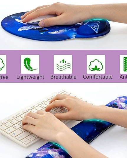 RICHEN Keyboard Wrist Rest and Mouse Pad with Wrist Support, Memory Foam Set for Gaming and Office, Comfortable & Lightweight for Easy Typing & Pain Relief (White Butterflies)