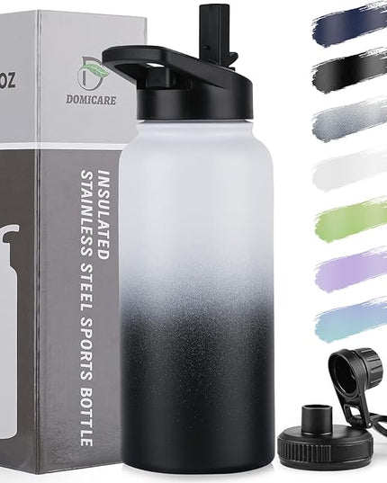 DOMICARE 32 oz Insulated Water Bottle, Vacuum Insulated Stainless Steel Sports Water Bottle with Straw Lid & Spout Lid, Leakproof, Reusable - Travel, Camping, Bike, Black White Gradient