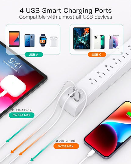 2 Pack Power Strip, 12FT Long Extension Cord, Surge Protector with 6 Outlets and 4 USB Ports (2 USB C), Flat Plug Overload Protection, Extension Cord 10+ ft, Wall Mount for Home Office Dorm College