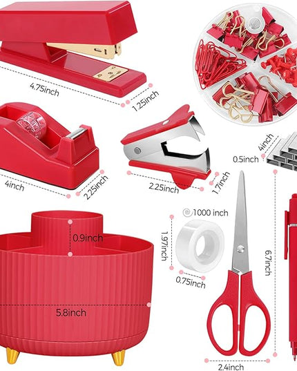 SKYDUE Red Office Supplies Set, Pencil Holder for Desk, Stapler, Tape Dispenser, Scissors,Clips and 1000pcs Staples, Office Decor for Women, Red Desk Accessories