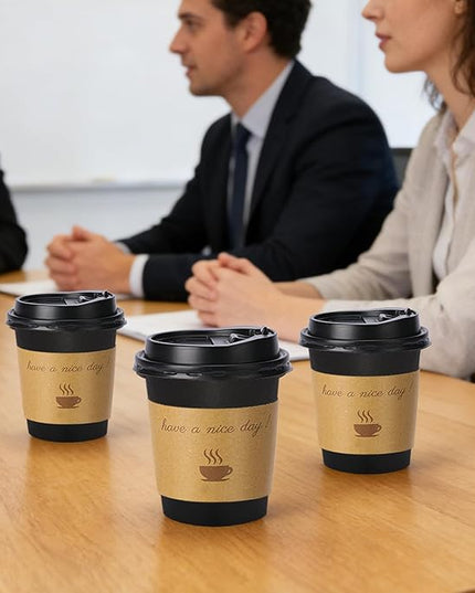 Lamosi 10 oz Coffee Cups with Lids 100 Pack, Disposable Coffee Cup with Stir Sticks and Sleeves, To Go Hot Paper Cup for Home, Travel, Office